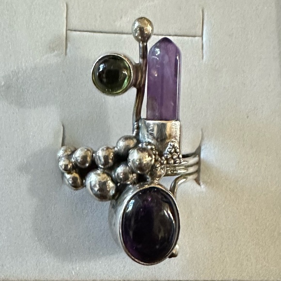Vintage 925 Sterling Silver Biomorphic Amethyst Peridot Gemstone Ring. - Picture 9 of 9
